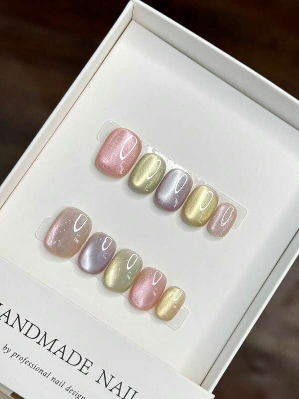 Nuevas uñas postizas cortas y redondas hechas a mano para el verano, suministros de arte de uñas con diseño de ojos de gato con cuentas de vidrio de arcoíris