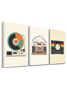 3pcs Retro Boombox Wall Art Decor, Vintage Vinyl Artwork, Classic Camera Canvas Print Wall Arts, Minimalist Design Posters, Colorful Stripes Painting, Nostalgic Vibes Modern Home Decor, Poster, Room Aesthetic, Ideal Gift, Optional Frame ,Wall Art With Frame