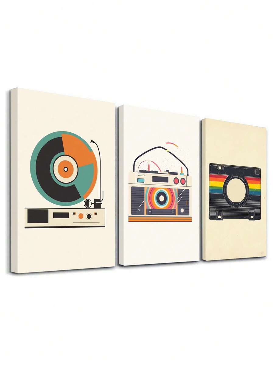 3pcs Retro Boombox Wall Art Decor, Vintage Vinyl Artwork, Classic Camera Canvas Print Wall Arts, Minimalist Design Posters, Colorful Stripes Painting, Nostalgic Vibes Modern Home Decor, Poster, Room Aesthetic, Ideal Gift, Optional Frame ,Wall Art With Frame