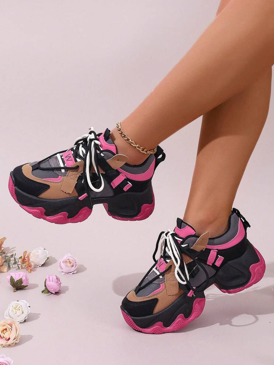 Women's Black Chunky Sneakers, Round Toe Lace-Up Thick Bottom Casual Athletic Shoes, Lightweight Outdoor Running For Spring & Autumn - 紅色 - 查看 1