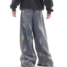 2025 Vintage Wash Male Jeans Stylish Harajuku Baggy Y2k Fashion Mens Pants High Street Regular Solid Color Straight Leg Pants - 藍色 - 查看 6