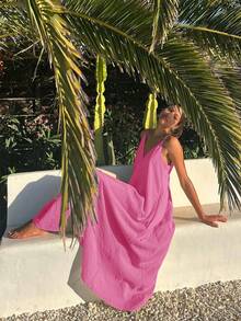 女士休闲优雅纯色细肩带简约别致连衣裙，适合夏季