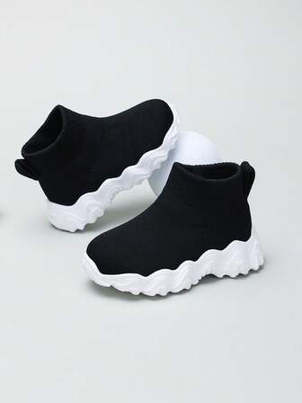 1双婴儿高帮圆领针织运动鞋，儿童户外运动踝带透气休闲鞋，幼儿鞋