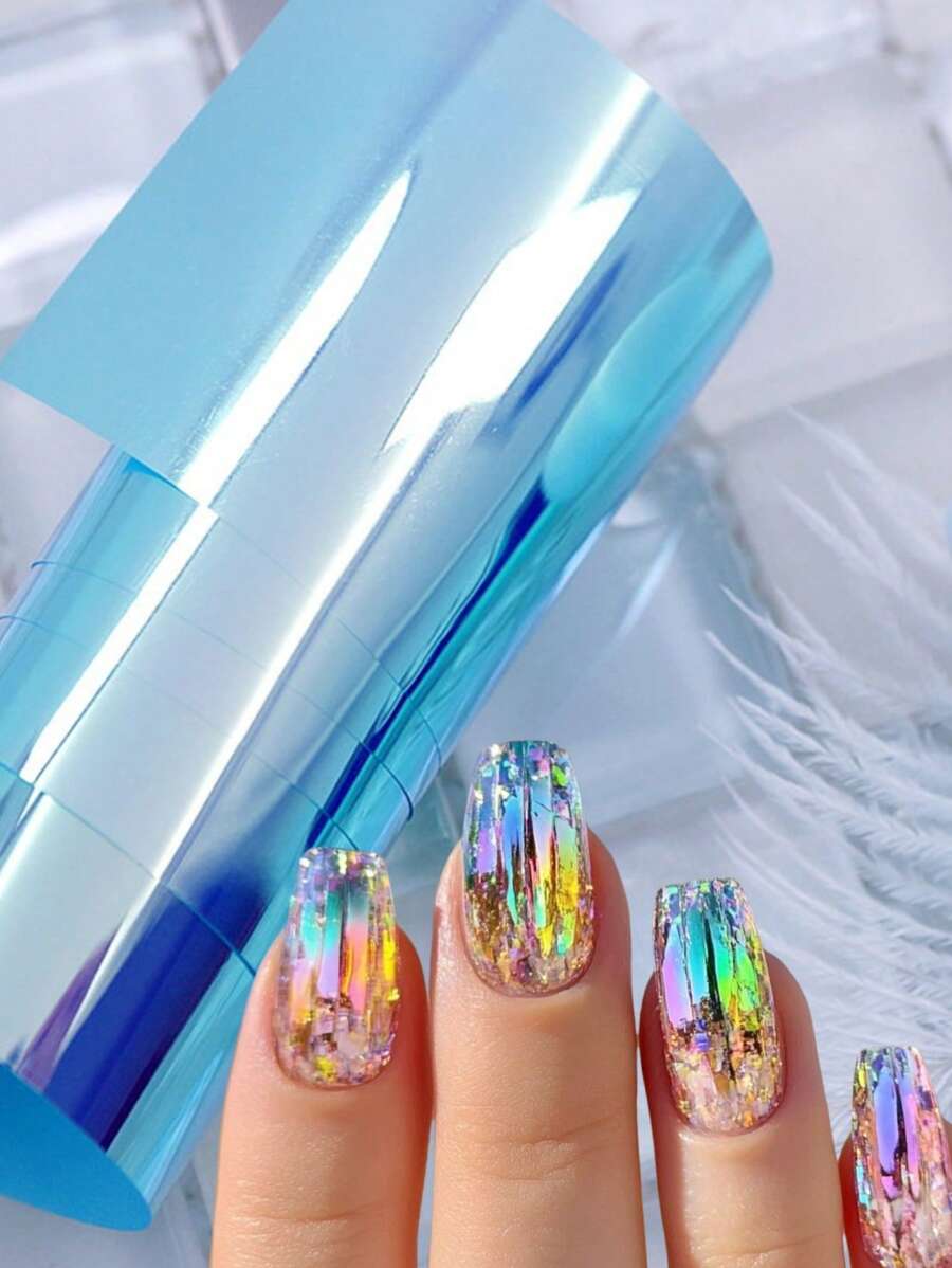 1 Bouteille de feuille de transfert pour ongles bleue, transfert facile, convient pour les vacances/soirées des filles en DIY, décorations de manucure