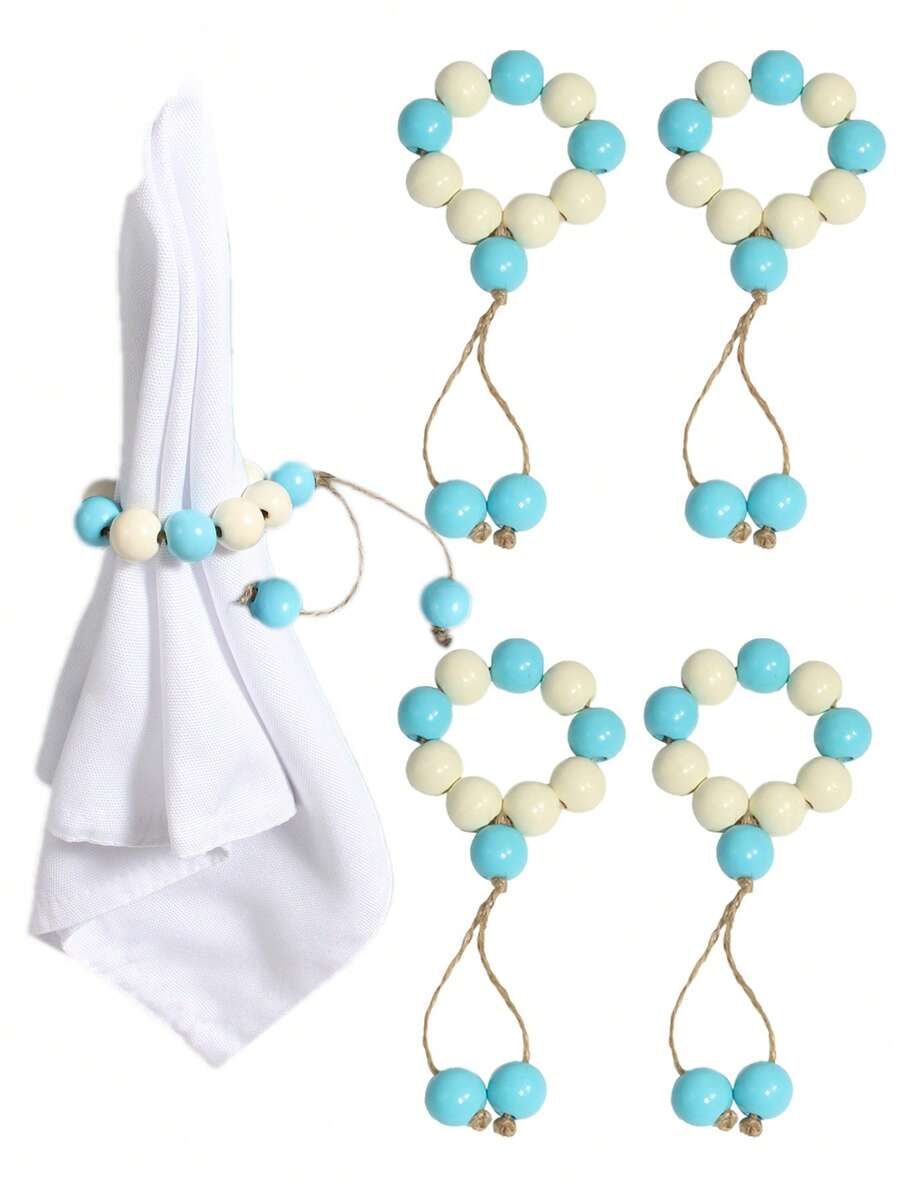 4-6pcs Handwoven Two-Tone Blue & Cream Napkin Rings Set, Elegant Table Decor For Weddings, Thanksgiving, Christmas, Family Gatherings, Birthday Parties