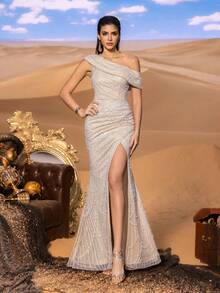 Faeriesty Haute Glamour Dazzling One-Shoulder Sequin Embellished Evening Gown With Dramatic High Slit & Mermaid Hem | Sophisticated Floor-Length Formal Dress For Gala Dinners, Red-Carpet Events, Wedding Receptions, Black-Tie Parties, And Grand Celebrations