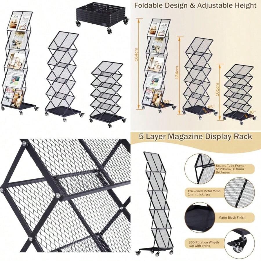 Tonchean Foldable Brochure Display Rack With Wheels 5 Layer Adjustable Magazine Rack Floor Metal Leaflet Literature Newspaper Display Stand Black For Exhibition Trade Show Office Hotel - Black - View 1