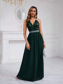 Vestido de cóctel elegante y romántico para dama de honor con escote en V, cintura con cuentas, malla con lentejuelas, espalda descubierta y abertura, vestido amplio
