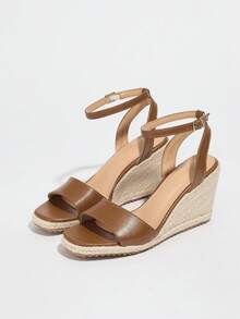Sandalias de plataforma y cuña de trenza de paja de unicolor, con correas y hebilla versátiles y cómodas, nueva moda femenina 2025 - Marrón - Ver 5