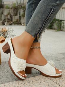 New Plus Size Summer Fashion Versatile Solid Color 3D Floral Breathable Hollow-Out Open Toe Platform Wedge Sandals, Faux Wood Grain Chunky Heel, Casual/Office Wear, Vintage Style, White