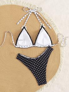 Czarno-białe kropki kontrastowe kokardki marszczenia na dole śliczne bikini na wiosnę/lato plaża