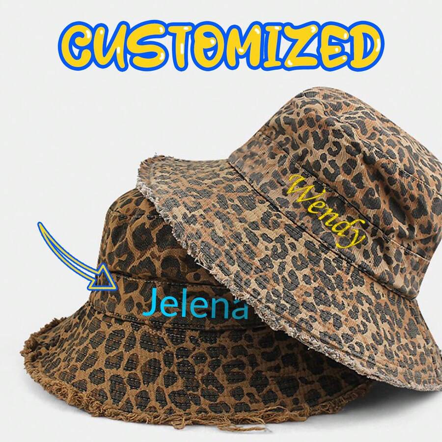 [Custom] 1pc Women's Leopard Pattern Fashionable Embroidery Bucket Hat, Versatile, Adjustable Circumference Design With Fuzzy Edge