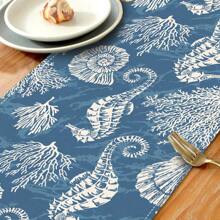 1pc Seahorse Print Table Runner, 4pcs Seahorse Print Placemats, Suitable For Festivals, Parties, Birthdays, Dinners, Kitchen & Dining Table Decor, Applicable All Year Round For Home Decoration And Textiles