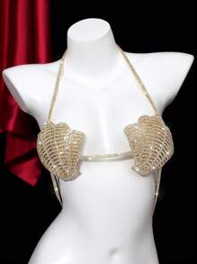 Haut de bikini coquille de mer sans dos ajustable Y2K, brassière de plage avec chaîne de corps de coquillage de sirène, parure de soleil de 1 pièce avec strass de coquilles de sirène - or