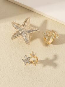 Set de 3 anillos abiertos de metal con strass en forma de estrella de mar en estilo vintage exagerado, adecuado para usar en la playa y vacaciones de las mujeres - estrella de mar - Ver 3