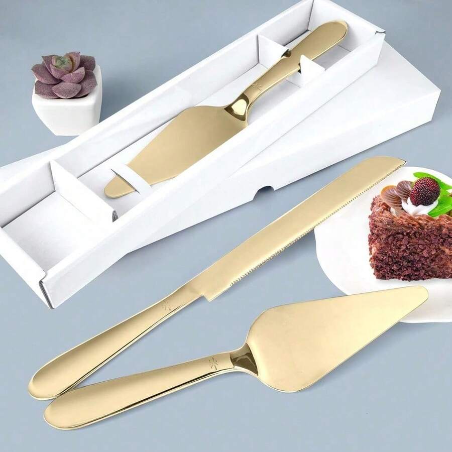 Cake Cutting Set For Wedding, Elegant Cake Knife And Server Set With Thickened Stainless Steel Rounded Edges, Cake Cutter Pie Spatula For Birthday Anniversary Christmas, 2 Pcs, Gold - 金色 - 查看 1