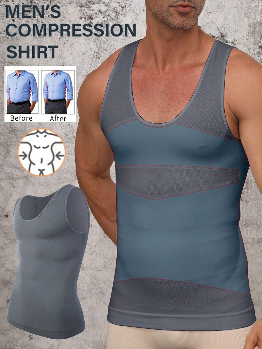 Men Compression Shirt Vest Slimming Body Shaper Shaping Undershirts Shapewear Workout Tank Tops - Grey - View 1