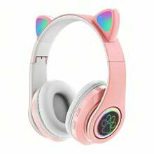 Cute Pink Cat Ear Headphone, LED Cat Ear Foldable Headset BT5.0 Connection Hifi Stereo Gaming Music Headphone For Home Office Outdoor - Pink - View 1