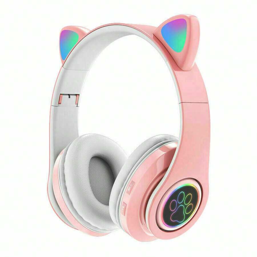 Cute Pink Cat Ear Headphone, LED Cat Ear Foldable Headset BT5.0 Connection Hifi Stereo Gaming Music Headphone For Home Office Outdoor - Pink - View 1
