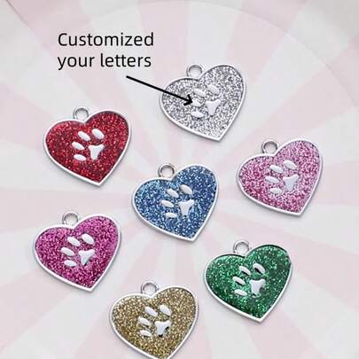 Etiqueta de mascota en forma de corazón de metal, con grabado láser en la parte posterior, accesorio de mascota con diseño de huella de pata de dibujos animados, anti-pérdida