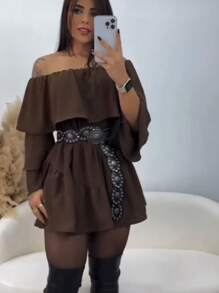 Vestido Macaquinho Manga longa feminino manga em camadas, macaquinho com babado