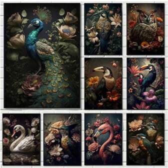 1 st. valfria ramposters väggkonst vintage fåglar i djungelblommor kanvasmålning affischtryck, med påfågel, tukan, papegoja, flamingo, uggla, idealisk väggkonst