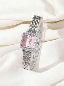 CARYINO 1pc CARYINO Women's Stainless Steel Square Silver Watch Band. Classic Elegant, Versatile And Refined, Inlaid With Diamonds Quartz Watch. Suitable For Daily Life, Parties, And Formal Dinners.