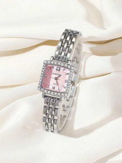 CARYINO 1pc Stainless Steel Square Zilver Horloge Classic Elegant, Versatile Refined, Inlaid Diamonds Quartz Watch. Life, Parties, mal Dinners.