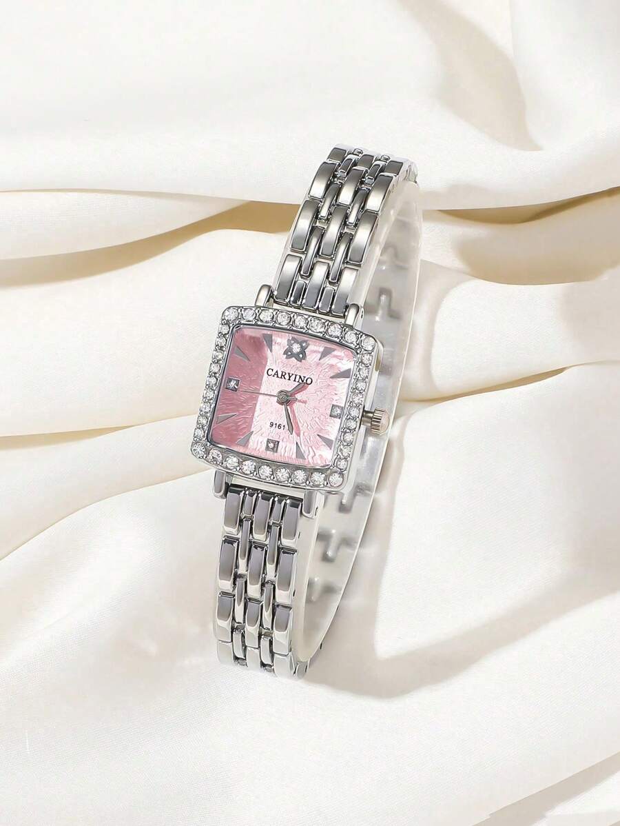 CARYINO 1pc CARYINO Women's Stainless Steel Square Silver Watch Band. Classic Elegant, Versatile And Refined, Inlaid With Diamonds Quartz Watch. Suitable For Daily Life, Parties, And Formal Dinners.