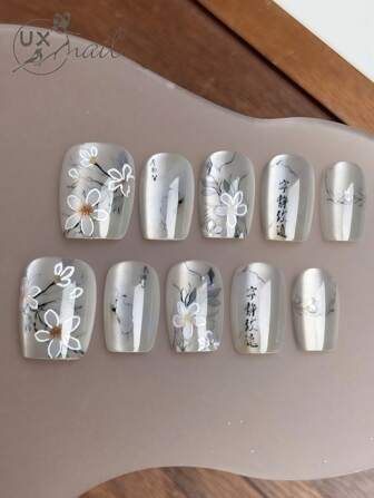 Set de 10 uñas postizas cuadradas cortas hechas a mano, nuevas uñas postizas de tono gris chino con diseños grabados de ojo de gato, flores y caligrafía - elegantes y artísticos, perfectos para mujeres fashionistas