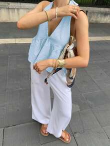 Women Y2k Babydoll Tank Top Cute Tie-Up Halter Neck Sleeveless Peplum Top Vintage Plaid Backless Cami Tank Top Coquette Summer Streetwear - 藍色 - 查看 2