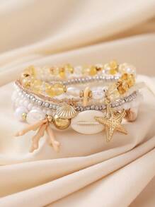 6pcs/Set Bohemian Style Ocean Theme Natural Stone, Pearl, Coral, Seashell, Starfish Beaded Multilayer Bracelet Set, Handmade Accessories For Women, Daily Wear & Holiday Gift