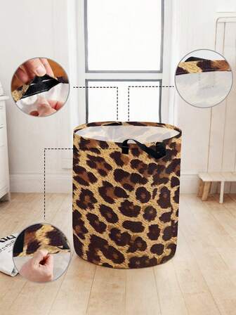 1pc Large Capacity Foldable Leopard Printed Round Laundry Basket With Handle, Portable Dirty Clothes Storage Box, Suitable For Bathroom, Bedroom, Dorm, Wardrobe, Multi-Purpose Storage Basket With Cover, Collapsible Clothing & Bedding Storage Container With Sturdy Zipper
