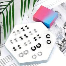 12pcs Stainless Steel Stud Earrings Set, Simple & Versatile Design For Men, Boys & Girls, Gothic Style In Black And Silver - Black and White - View 6