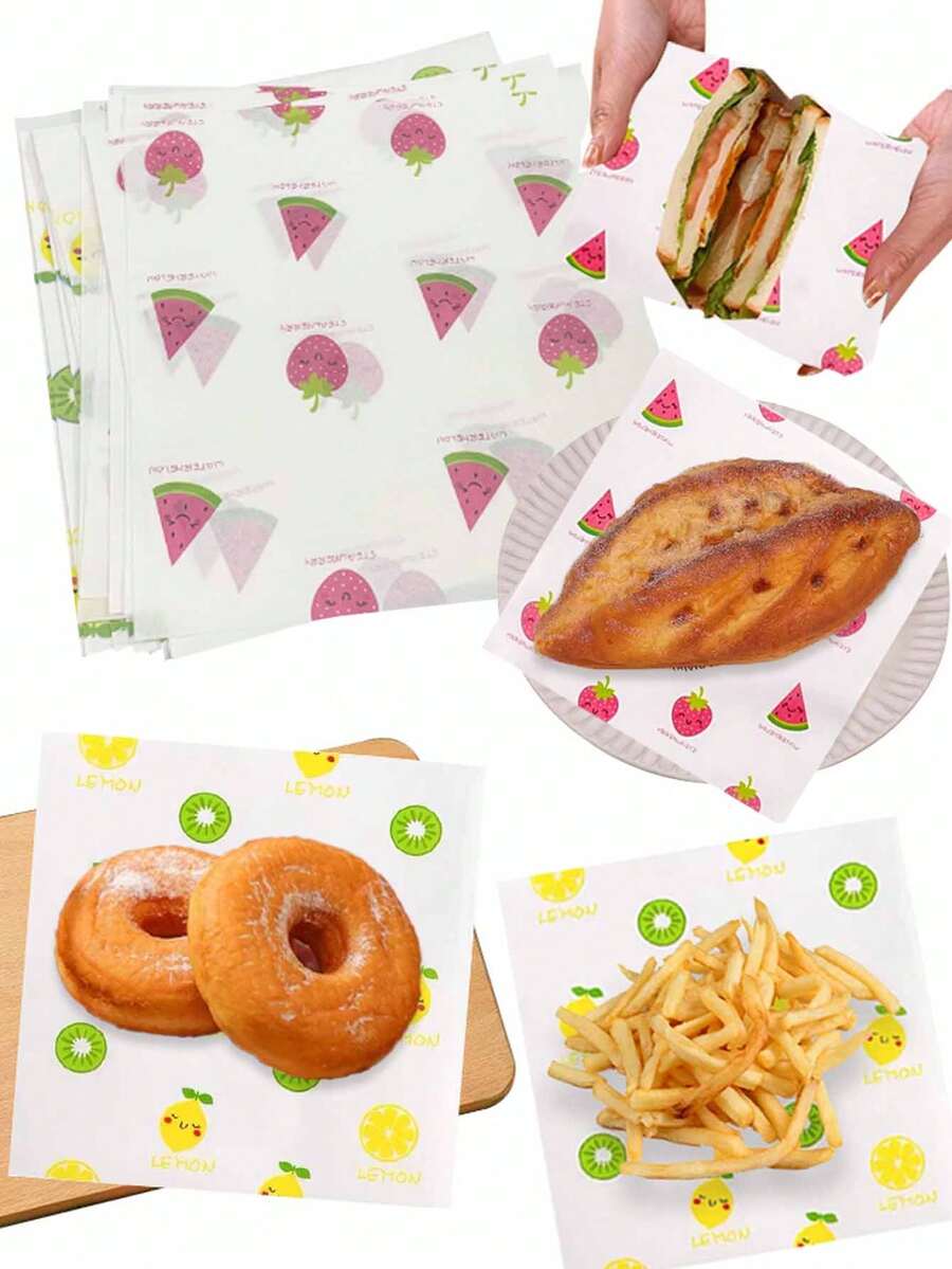100pcs Watermelon And Lemon Printed Grease-Proof Wax Paper Sheets, Suitable For Sandwich, Burger And French Fry Wrapping - Perfect For Home Baking, Restaurant - Multicolor - View 1