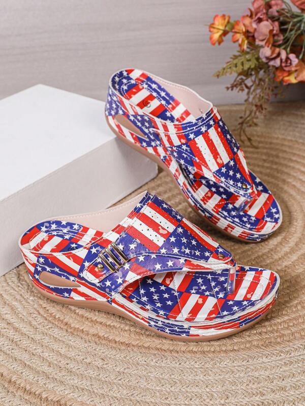Women's Patriotic National Flag Casual Fashion Comfortable Platform Wedge Flip Flops, Breathable Summer Sports Sandals With Elegant Hollow Out Metal Buckle Design, American Flag Printed Fabric, 4th Of July Essentials, Lightweight PU Sole