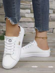 Women's Canvas Shoes, Spring/Summer Korean Casual White Flat Canvas Shoes, Versatile Low-Top Thin Breathable Canvas Sneakers For Female Students, Fashionable Inssp
