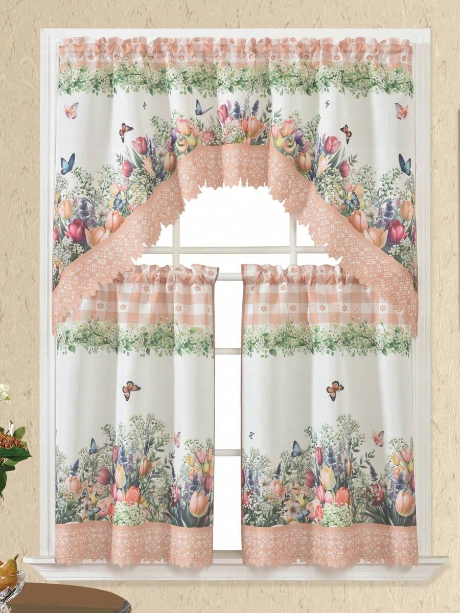 3件套聚醋酸乙烯酯花卉蝴蝶印花布窗帘，母亲节礼物，厨房窗帘，咖啡厅窗帘，无需打孔，蓝色、红色、米色，温暖浪漫，优雅，适用于厨房、客厅、卧室、家居装饰 - 米色 - 查看 1