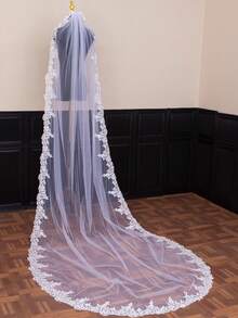 1 pieza Velo de novia con borde de encaje, velo de boda de catedral con caída de tren, ropa para mujer - Beis - Ver 2