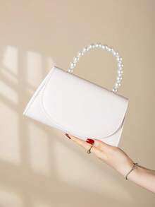 Luxurious And Charming Solid Color Pearl Handle Party Clutch Bag, Gorgeous And Exquisite Flap Ladies Evening Bag, Shoulder Crossbody Bag With Detachable Metal Chain, Stylish Women's Business Bag With Hidden Card Pocket Inside, Perfect Wallet For Party Girls, Brides, College Students, Perfect For Parties, Proms, Banquets, Get-Togethers, Weddings,Best Gift. - Apricot - View 3