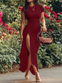 EARO European & American Style Long Women's Dress, Solid Color Twist Knot Side Slit Short Sleeve Bodycon Maxi Dress, Spring/Autumn New Arrival, American Vacation Vibe, Everyday Casual Chic, Comfortable Stretchy Fitted Unique Elegant Slimming A-Line Dress