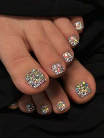 24Pcs Square Toe Nail Art Quick Wear Nail Fake Nail Sticker, Full Rhinestone Decoration, Summer Toe Nails, Ab Color Fantasy Color Silver Crystal Decoration Press On Nails Nail Supplies Nails