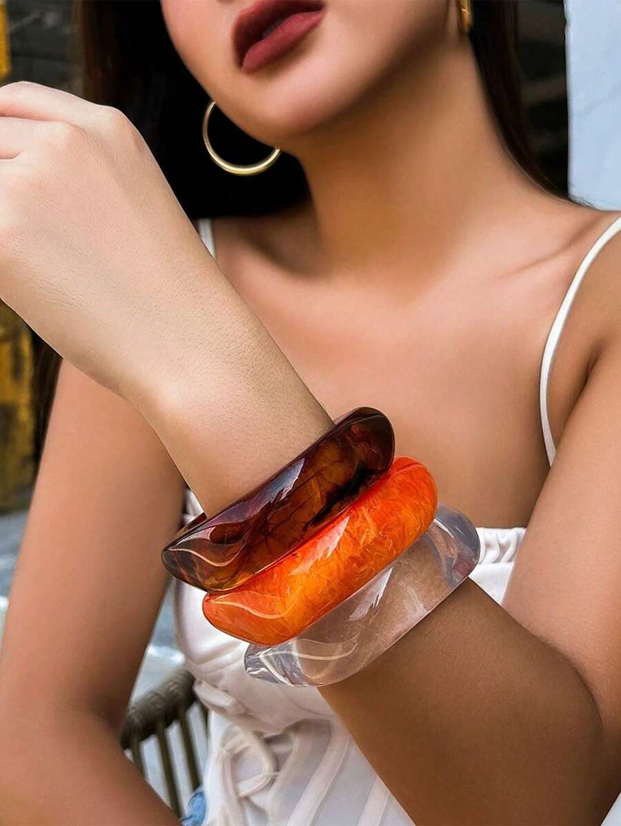 3pcs Set Asymmetrical Acrylic Translucent Bangle Bracelets, Unique & Versatile For Women