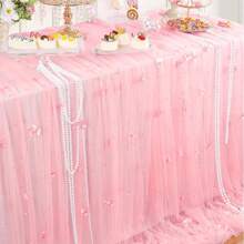 1pc Pearl Flower Tulle Table Runner, Pearl Chiffon Fabric, For Wedding Table, Bridal Shower, Bridal Veil, Birthday Party Decor