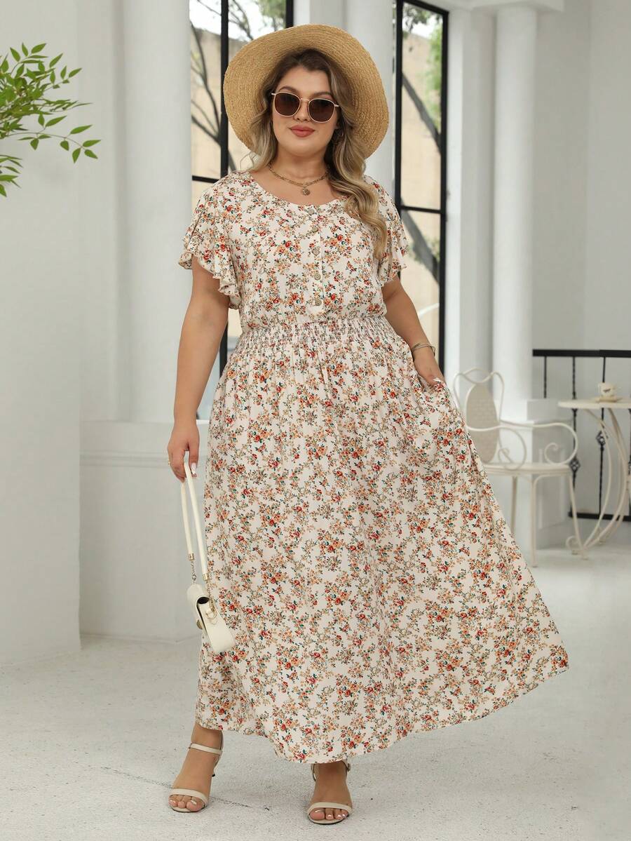 Nemidor 大码圆领短袖连衣裙，夏季时尚 - 米色 - 查看 1