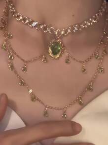 1 stuk elegante groene/rode hangerketting in Boheemse stijl voor vrouwen, ovale hangerketting met imitatieparels, sprankelend ontwerp, geschikt voor feestjes, casual outfits en cadeaus