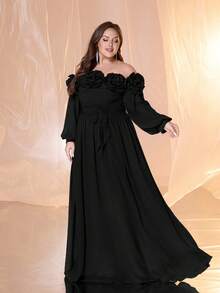 SUPGIR Plus Women's Off-Shoulder Lantern Sleeve Three - Dimensional Flower Ruched Evening Dress - Black - View 3
