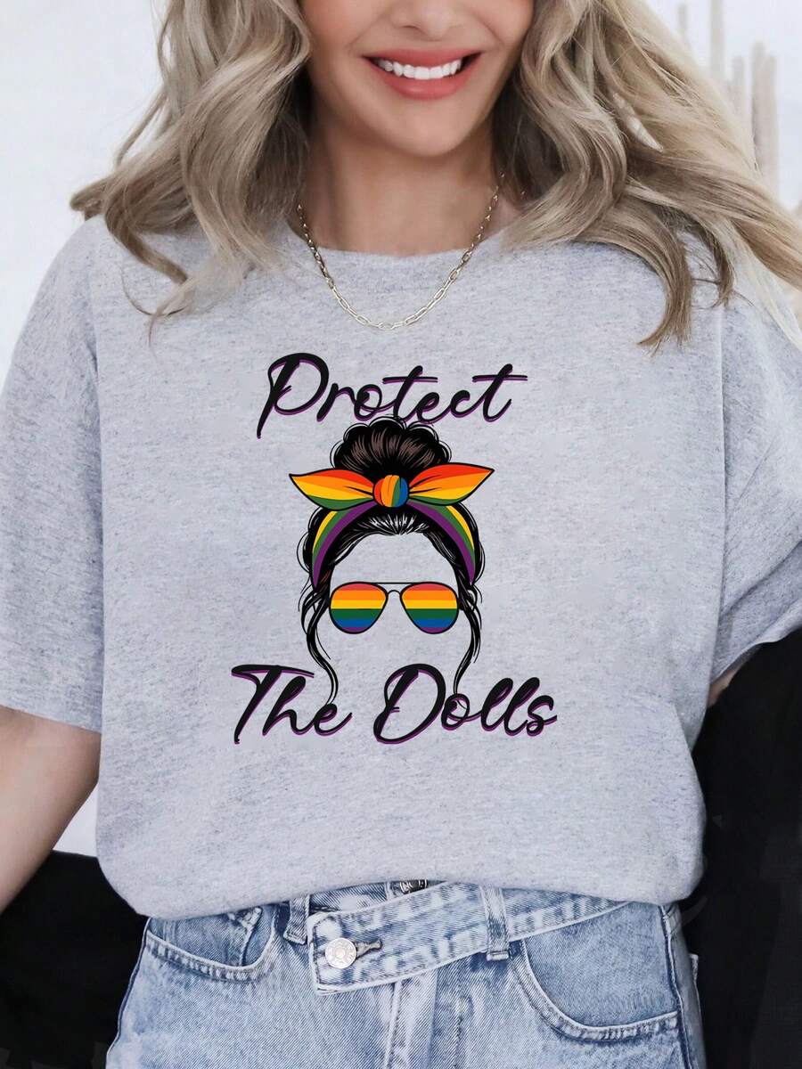Oversized Style For Women, Protect The Dolls Essential T-Shirt, With Rainbow Design Tee, Loose Type Shirt For Women, Perfect For Holiday Parties Or Gift Giving, Soft And Comfortable - Light Grey - View 1