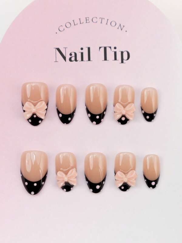 YINZIJIA Diseño único, 10 uñas postizas, estilo francés negro, moño tridimensional, adorno de lunares rosas, tamaño corto, forma de almendra, uñas postizas prensadas, regalo perfecto para uso diario y fiestas de vacaciones para niñas y mujeres en primavera y verano