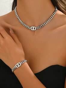 1 套时尚不锈钢链项链和手链，男女通用高端简约派对庆祝配饰 - 銀色 - 查看 12